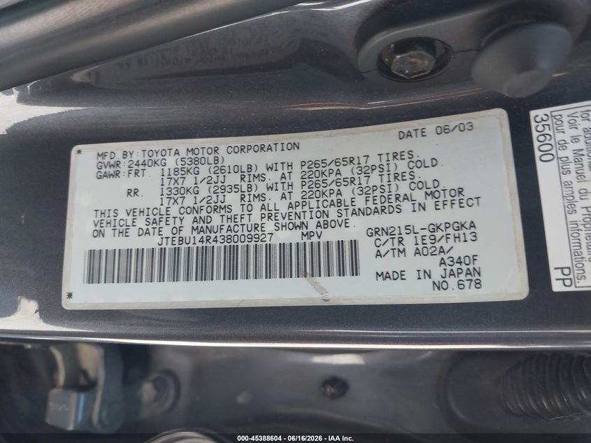 2003 Toyota 4runner VIN JTEBU14R438009927 IAAI salvage auction — FRONT END, Salvage (Iowa), sold $2,050 on 2026-07-21 (photo 9)