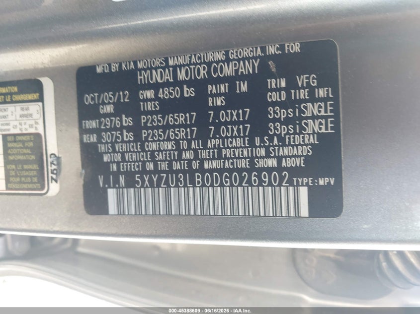 2013 Hyundai Santa fe VIN 5XYZU3LB0DG026902 IAAI salvage auction — RIGHT SIDE, Clear (Arkansas), sold $2,975 on 2026-07-24 (photo 9)