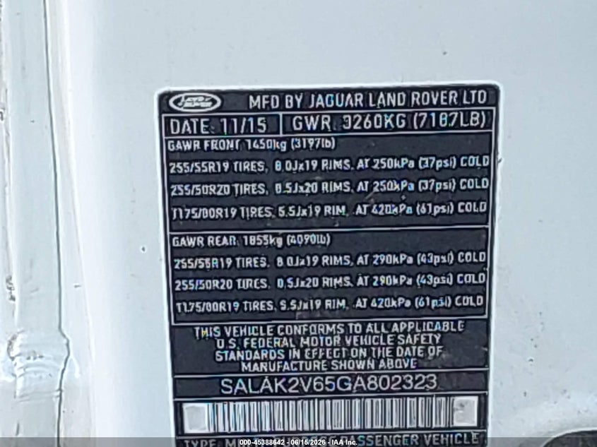 2016 Land rover Lr4 VIN SALAK2V65GA802323 IAAI salvage auction — NORMAL WEAR, Clear (Georgia), sold $2,725 on 2026-07-29 (photo 9)