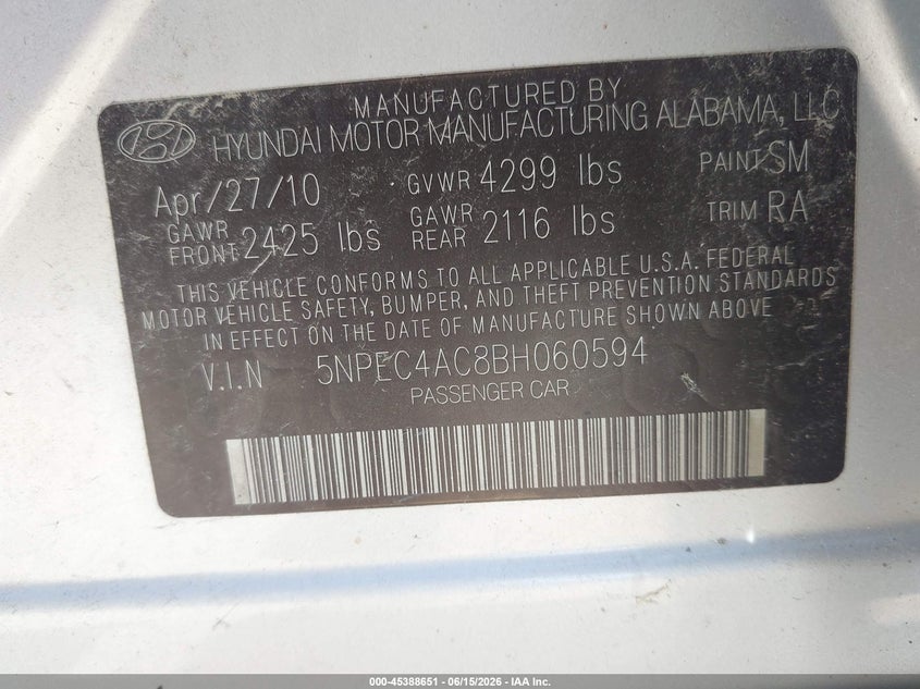 2011 Hyundai Sonata VIN 5NPEC4AC8BH060594 IAAI salvage auction — NORMAL WEAR, Clear (Illinois), sold $400 on 2026-07-27 (photo 9)
