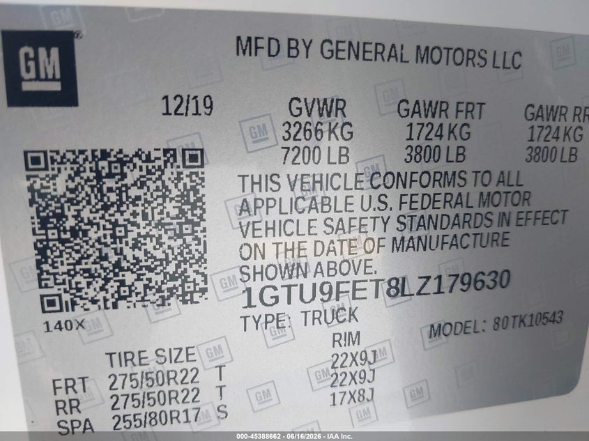 2020 Gmc SIERRA VIN 1GTU9FET8LZ179630 IAAI salvage auction — REAR END, Salvage (California), sold $15,500 on 2026-08-03 (photo 9)