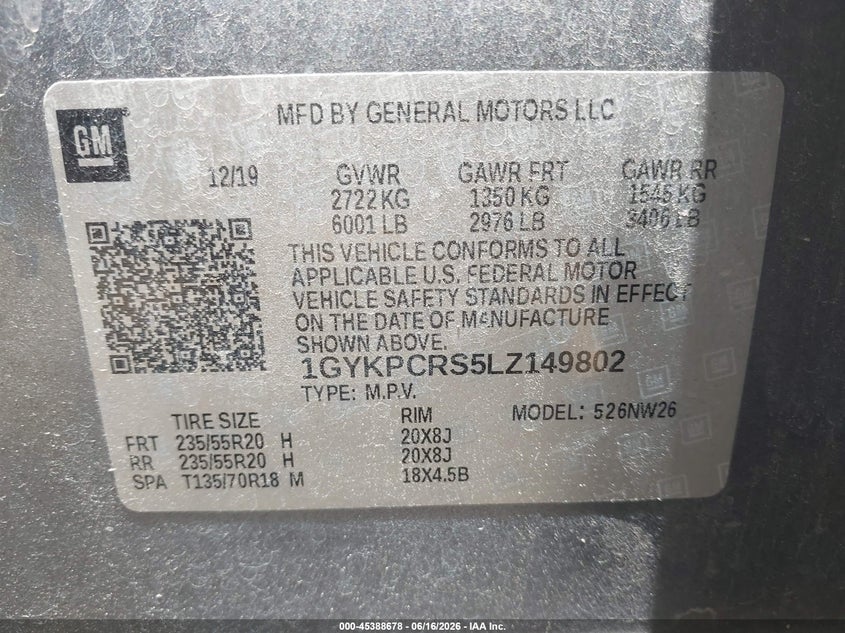 2020 Cadillac Xt6 VIN 1GYKPCRS5LZ149802 IAAI salvage auction — ENGINE DAMAGE, Clear (Arizona), sold $7,050 on 2026-07-14 (photo 9)
