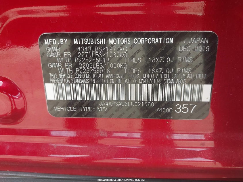 2020 Mitsubishi Outlander VIN JA4AP3AU6LU021560 IAAI salvage auction — LEFT SIDE, Salvage (Rhode Island), sold $3,550 on 2026-07-28 (photo 9)