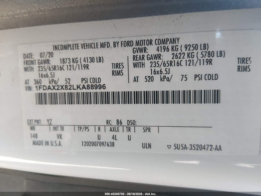 2020 Ford Transit-350 VIN 1FDAX2X82LKA88996 IAAI salvage auction — NORMAL WEAR, Sf97 (Oregon), sold $10,100 on 2026-07-29 (photo 9)
