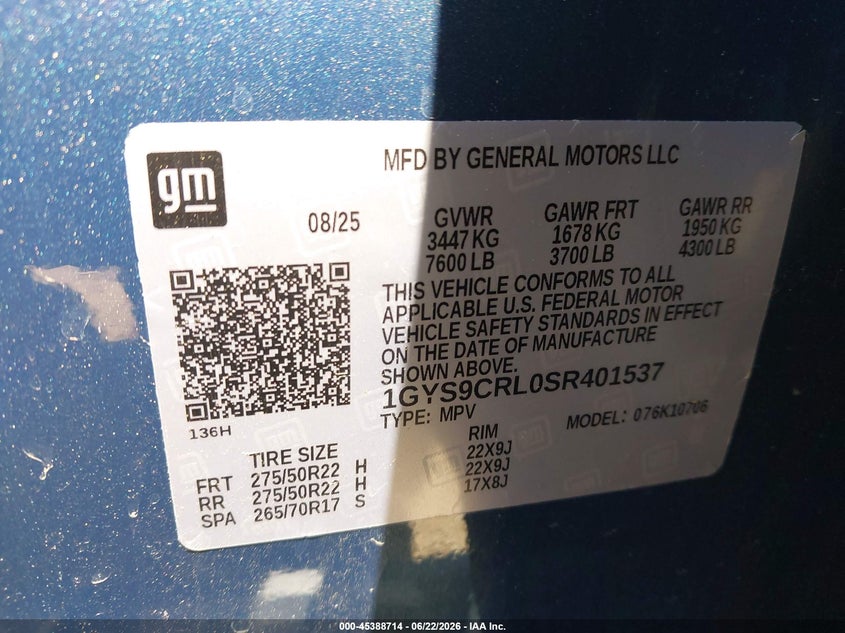 2025 Cadillac Escalade VIN 1GYS9CRL0SR401537 IAAI salvage auction — LEFT REAR, Salvage (California), sold $53,250 on 2026-07-21 (photo 9)