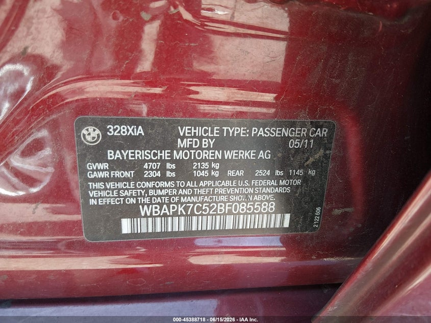 2011 BMW 3 series VIN WBAPK7C52BF085588 IAAI salvage auction — FRONT END, Salvage (Colorado), sold $275 on 2026-07-28 (photo 9)