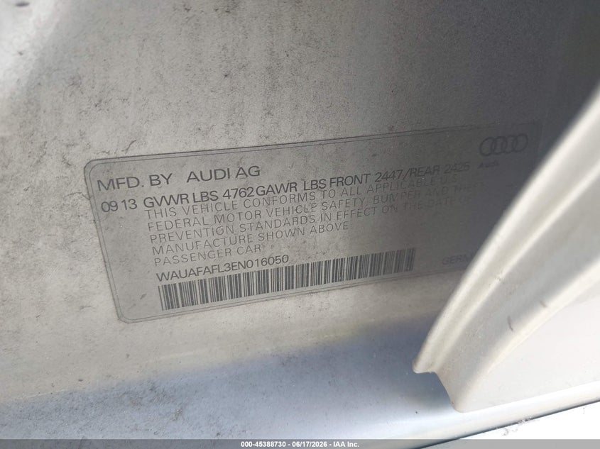 2014 Audi A4 VIN WAUAFAFL3EN016050 IAAI salvage auction — NORMAL WEAR, Clear (Montana), sold $550 on 2026-07-30 (photo 9)