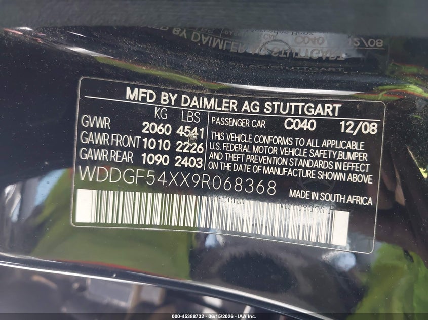 2009 Mercedes-benz C class VIN WDDGF54XX9R068368 IAAI salvage auction — NORMAL WEAR, Clear - Dealer Only (California), sold $250 on 2026-07-15 (photo 9)