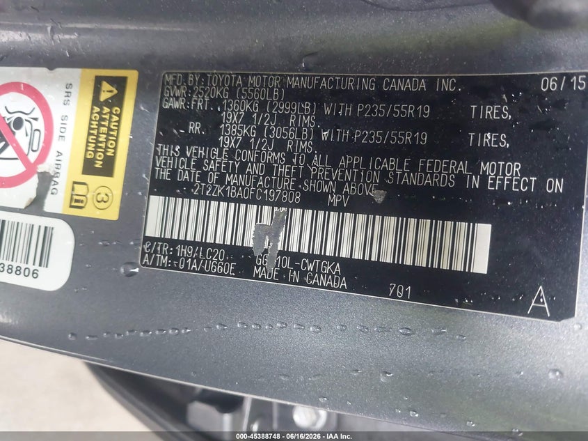 2015 Lexus Rx VIN 2T2ZK1BA0FC197808 IAAI salvage auction — FRONT END, Original (Texas), sold $2,300 on 2026-07-24 (photo 9)