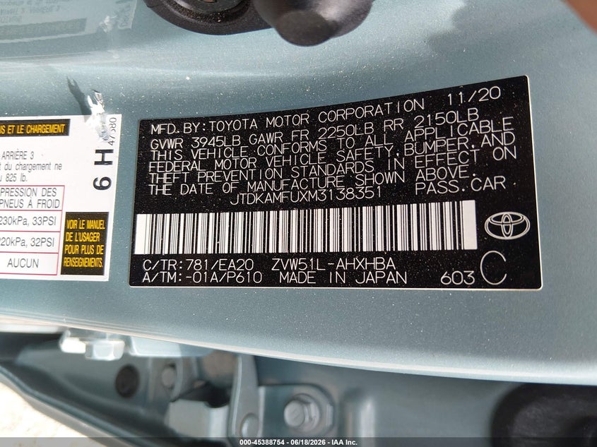 2021 Toyota Prius VIN JTDKAMFUXM3138351 IAAI salvage auction — FRONT END, Salvage (Tennessee), sold $6,200 on 2026-07-08 (photo 9)