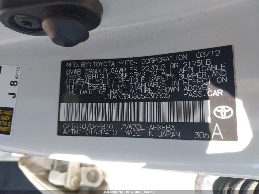 2012 Toyota Prius VIN JTDKN3DU8C5430505 IAAI salvage auction — SIDE, Salvage Certificate (California), sold $1,125 on 2026-07-10 (photo 9)