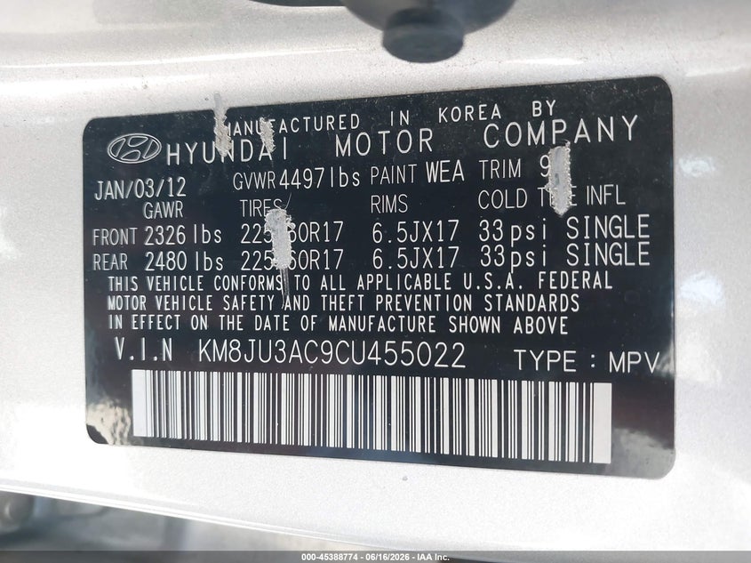 2012 Hyundai Tucson VIN KM8JU3AC9CU455022 IAAI salvage auction — UNDERCARRIAGE, Salvage Title, sold $1,550 on 2026-07-11 (photo 9)