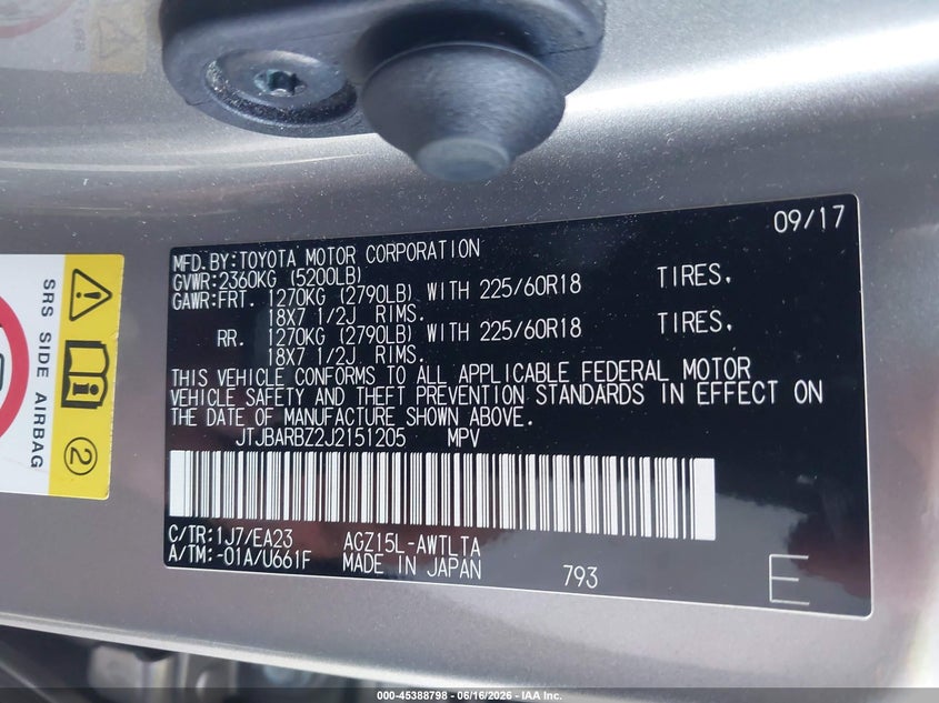 2018 Lexus Nx VIN JTJBARBZ2J2151205 IAAI salvage auction — LEFT SIDE, Salvage (California), sold $7,750 on 2026-07-28 (photo 9)