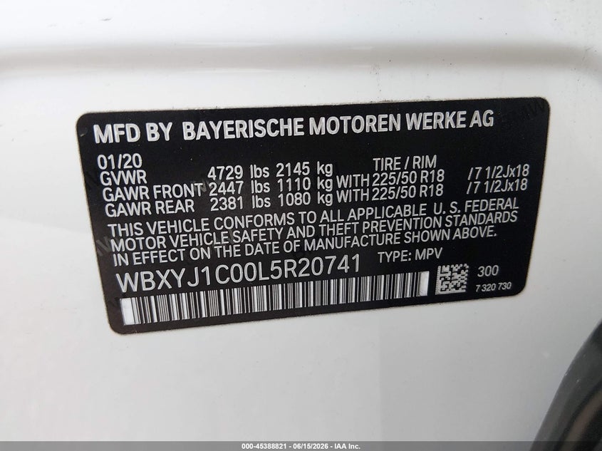2020 BMW X2 VIN WBXYJ1C00L5R20741 IAAI salvage auction — RIGHT FRONT, Salvage (California), sold $7,750 on 2026-07-09 (photo 9)