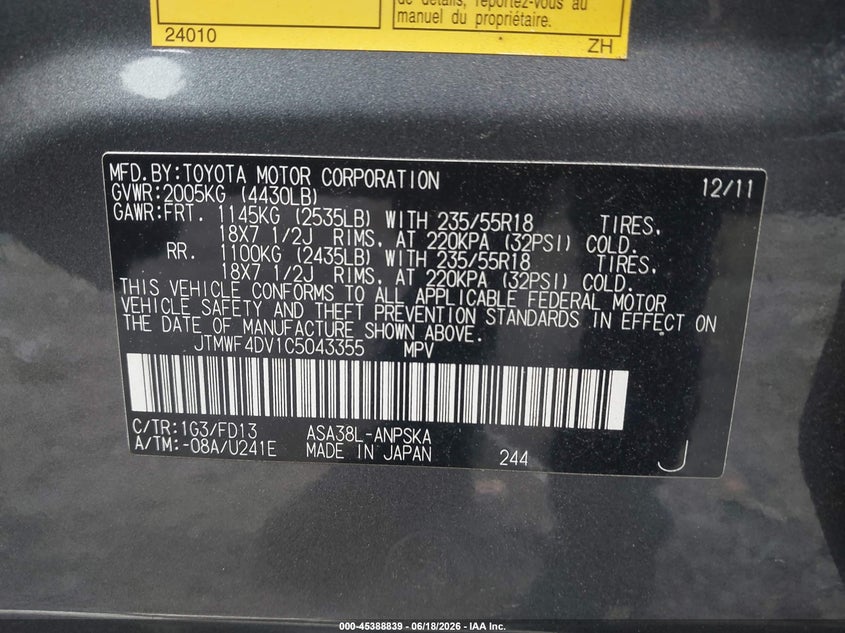 2012 Toyota Rav 4 VIN JTMWF4DV1C5043355 IAAI salvage auction — FRONT END, Salvage (Georgia), sold $2,900 on 2026-07-17 (photo 9)