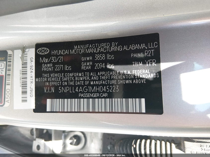 2021 Hyundai Elantra VIN 5NPLL4AG1MH045223 IAAI salvage auction — NORMAL WEAR, SF97 (California), sold $125 on 2026-07-30 (photo 9)