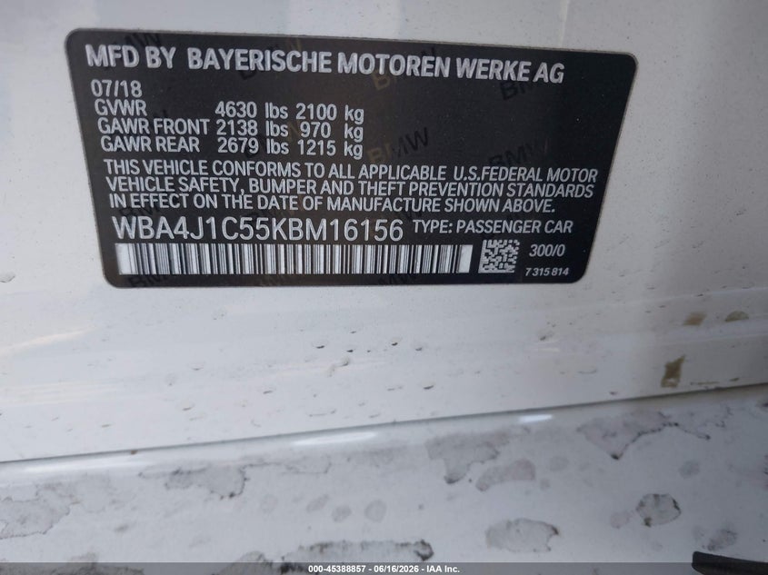2019 BMW 4er VIN WBA4J1C55KBM16156 IAAI salvage auction — FRONT & REAR, Salvage Certificate (California), sold $3,900 on 2026-07-10 (photo 9)