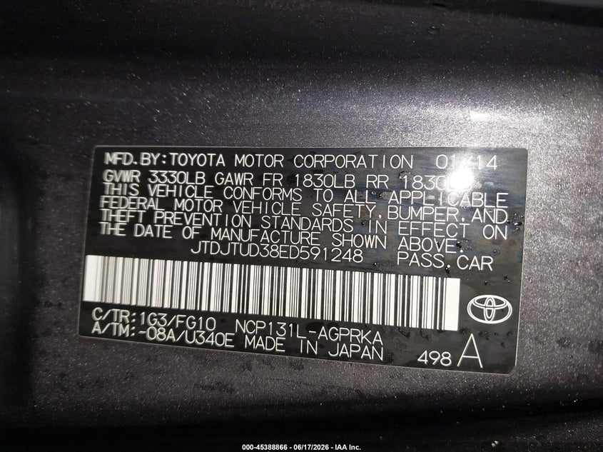 2014 Toyota Yaris VIN JTDJTUD38ED591248 IAAI salvage auction — REAR END, Salvage (Illinois), sold $925 on 2026-07-22 (photo 9)