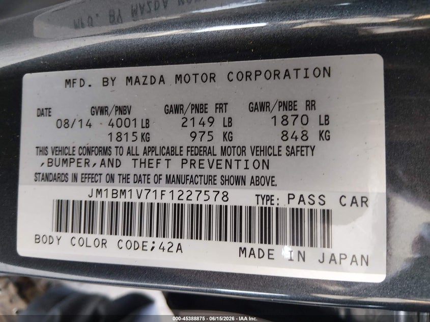 2015 Mazda 3 VIN JM1BM1V71F1227578 IAAI salvage auction — LEFT SIDE, Bill Of Sale (Washington), sold $2,200 on 2026-07-15 (photo 9)