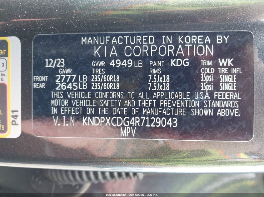 2024 Kia Sportage VIN KNDPXCDG4R7129043 IAAI salvage auction — RIGHT FRONT, Salvage Title, sold $12,950 on 2026-08-20 (photo 9)