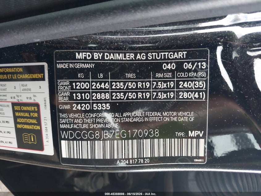 2014 Mercedes-benz Glk-klasse VIN WDCGG8JB7EG170938 IAAI salvage auction — NORMAL WEAR, Clear (Massachusetts), sold $1,600 on 2026-07-07 (photo 9)