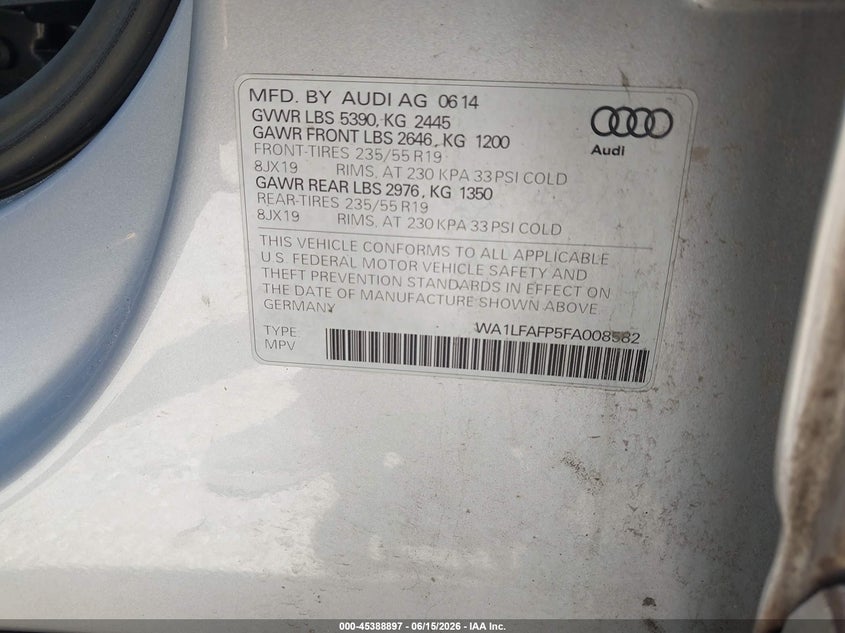 2015 Audi Q5 VIN WA1LFAFP5FA008582 IAAI salvage auction — NORMAL WEAR, Clear (Illinois), sold $2,100 on 2026-07-21 (photo 9)