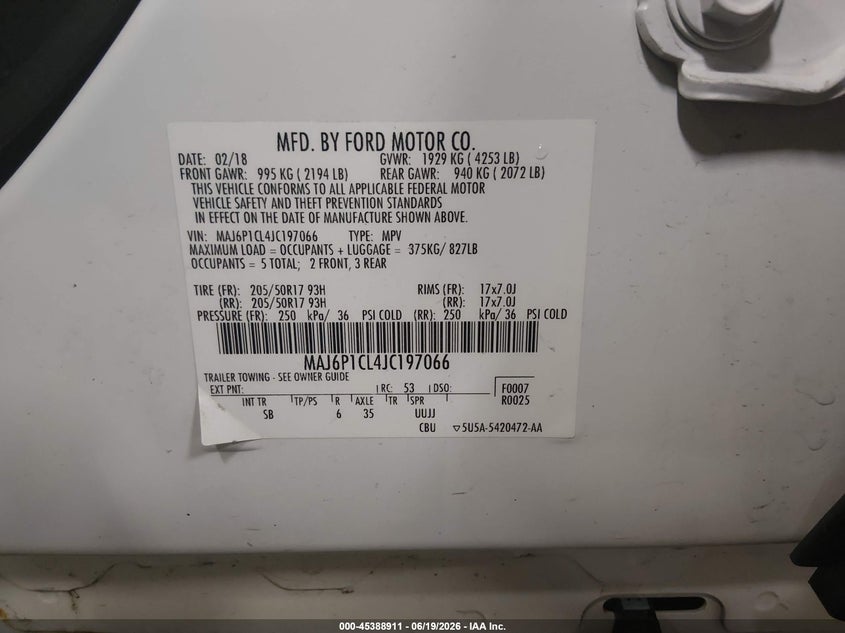 2018 Ford Ecosport VIN MAJ6P1CL4JC197066 IAAI salvage auction — REAR END, Salvage (Iowa), sold $25 on 2026-07-28 (photo 9)