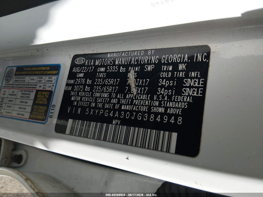 2018 Kia Sorento VIN 5XYPG4A30JG384948 IAAI salvage auction — FRONT END, Salvage Title, sold $1,250 on 2026-08-02 (photo 9)