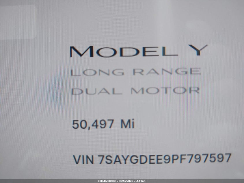2023 Tesla Model y VIN 7SAYGDEE9PF797597 IAAI salvage auction — LEFT FRONT, Salvage Title, sold $7,200 on 2026-07-29 (photo 7)