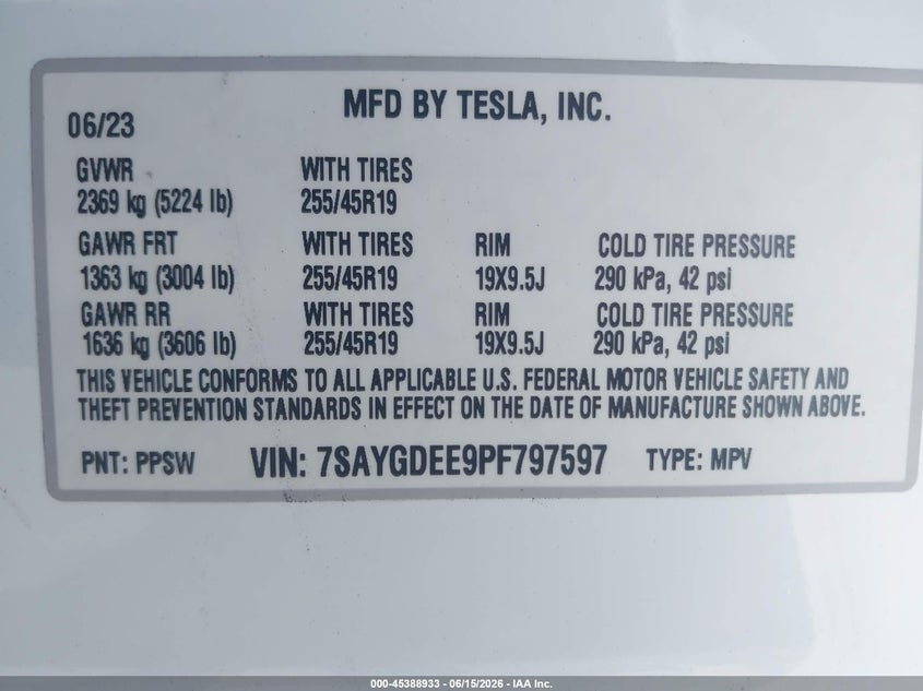 2023 Tesla Model y VIN 7SAYGDEE9PF797597 IAAI salvage auction — LEFT FRONT, Salvage Title, sold $7,200 on 2026-07-29 (photo 9)