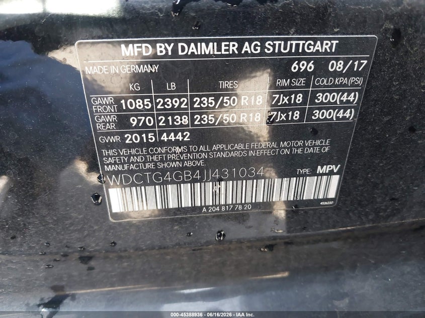 2018 Mercedes-benz VIN WDCTG4GB4JJ431034 IAAI salvage auction — LEFT REAR, Salvage (California), sold $6,900 on 2026-07-27 (photo 9)