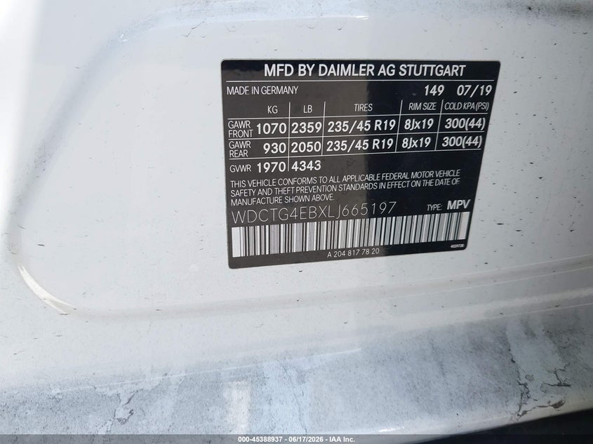 2020 Mercedes-benz Gla-klasse VIN WDCTG4EBXLJ665197 IAAI salvage auction — FRONT END, Salvage (California), sold $4,850 on 2026-07-30 (photo 9)