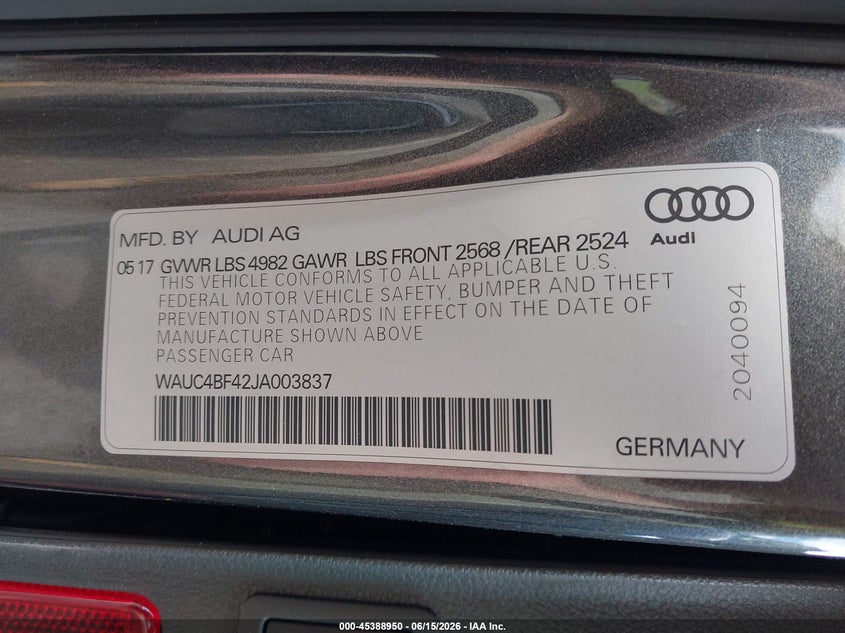 2018 Audi S4 VIN WAUC4BF42JA003837 IAAI salvage auction — REAR END, Clear (New Jersey), sold $7,100 on 2026-07-30 (photo 9)