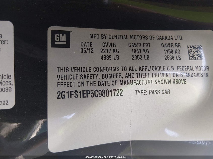 2012 Chevrolet Camaro VIN 2G1FS1EP5C9801722 IAAI salvage auction — FRONT END, Salvage Title, sold $650 on 2026-07-31 (photo 9)
