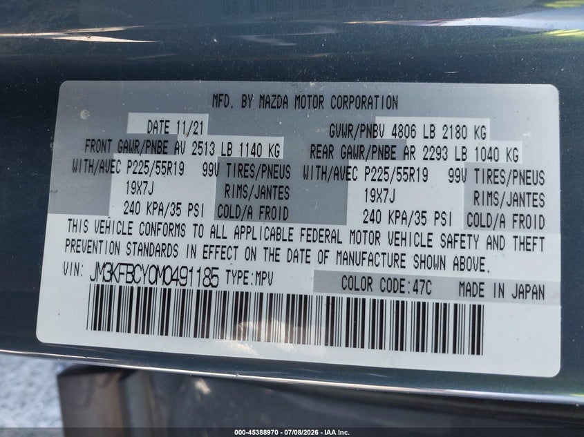 2021 Mazda Cx-5 VIN JM3KFBCY0M0491185 IAAI salvage auction — FRONT END, Salvage Title, sold $5,400 on 2026-07-29 (photo 9)