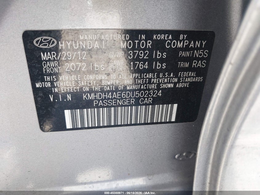 2013 Hyundai Elantra VIN KMHDH4AE6DU502324 IAAI salvage auction — FRONT END, Salvage Title, sold $400 on 2026-07-22 (photo 9)