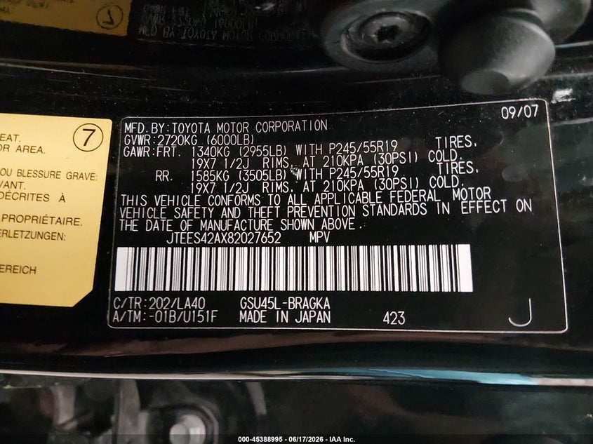 2008 Toyota Highlander VIN JTEES42AX82027652 IAAI salvage auction — REAR END, Prior Salvage (Minnesota), sold $875 on 2026-07-28 (photo 9)
