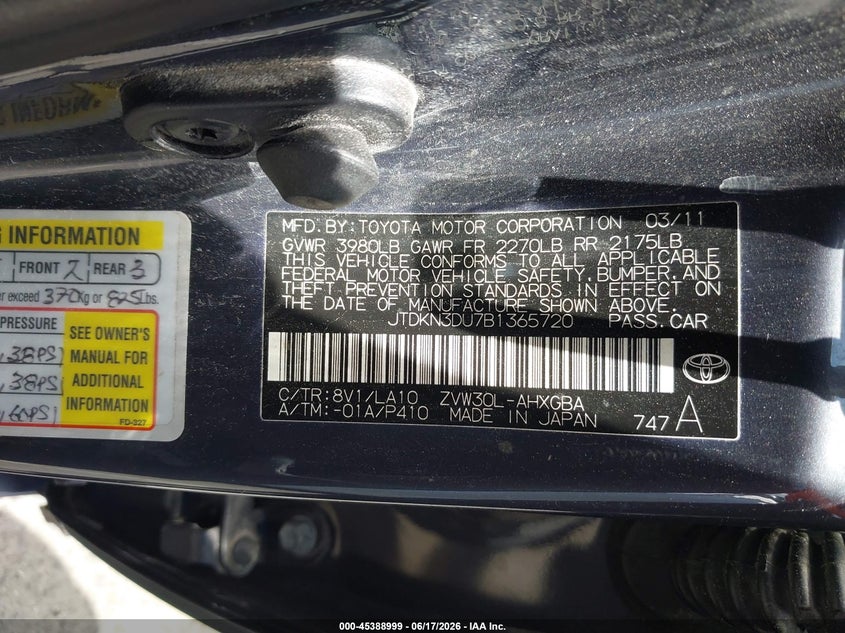 2011 Toyota Prius VIN JTDKN3DU7B1365720 IAAI salvage auction — REAR END, Salvage (California), sold $925 on 2026-07-31 (photo 9)