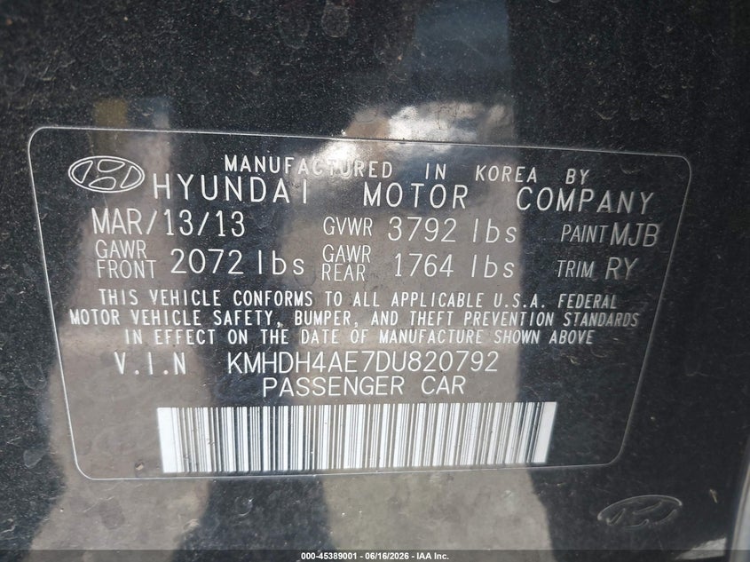 2013 Hyundai Elantra VIN KMHDH4AE7DU820792 IAAI salvage auction — SIDE, Salvage (California), sold $750 on 2026-07-14 (photo 9)