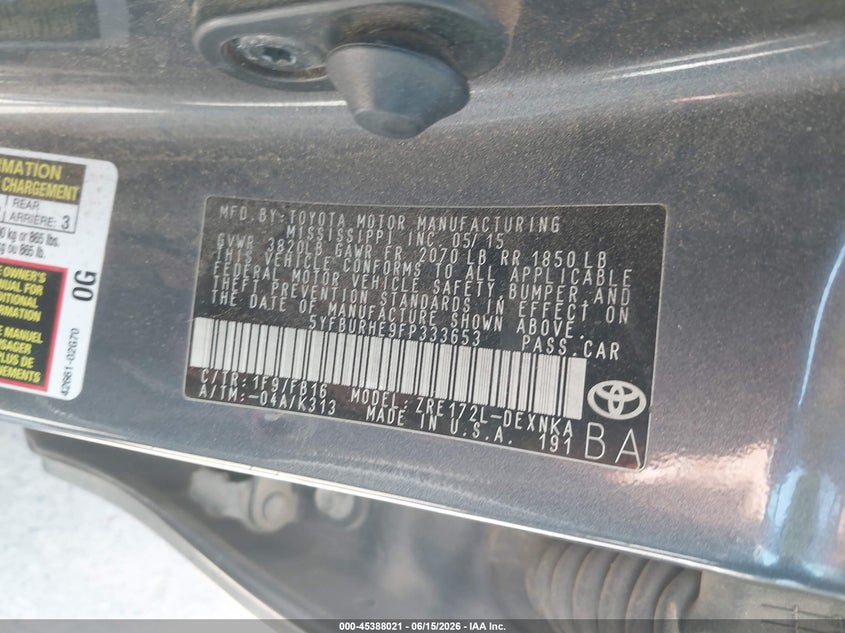2015 Toyota Corolla VIN 5YFBURHE9FP333653 IAAI salvage auction — NORMAL WEAR, Clear - Dealer Only (California), sold $1,850 on 2026-07-14 (photo 9)