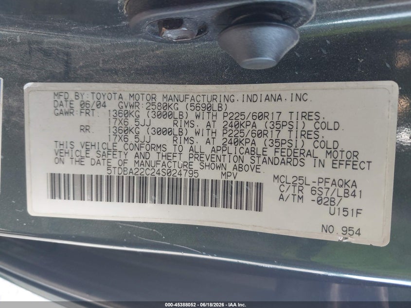 2004 Toyota Sienna VIN 5TDBA22C24S024795 IAAI salvage auction — NORMAL WEAR, Clear (Indiana), sold $425 on 2026-07-30 (photo 9)