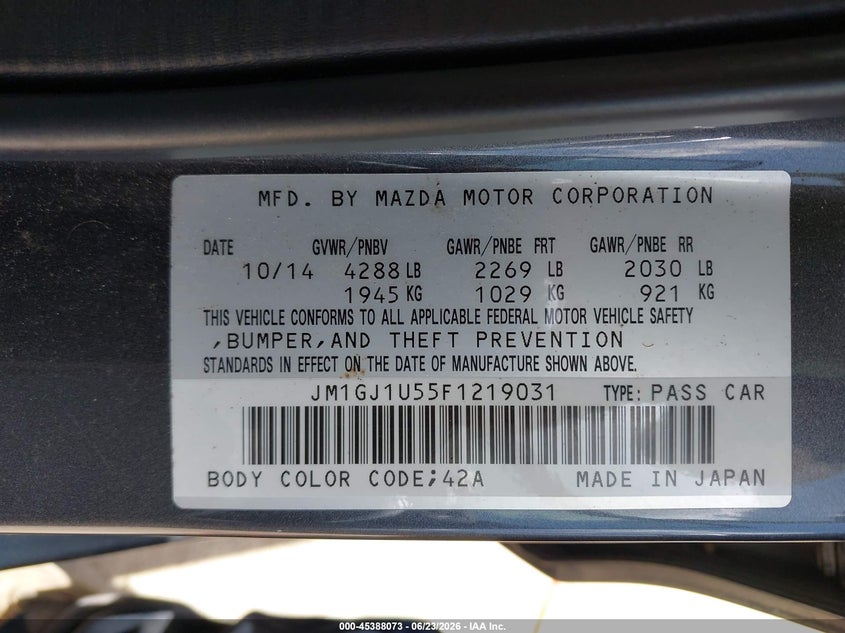 2015 Mazda 6 VIN JM1GJ1U55F1219031 IAAI salvage auction — FRONT & REAR, Salvage Title, sold $1,650 on 2026-07-24 (photo 9)