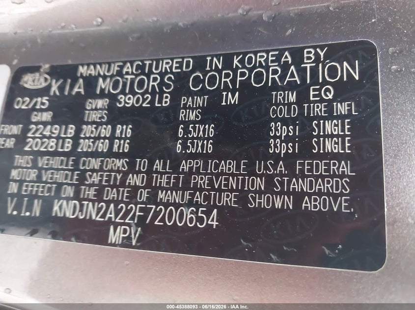 2015 Kia Soul VIN KNDJN2A22F7200654 IAAI salvage auction — REAR END, Salvage (Alabama), sold $675 on 2026-07-08 (photo 9)