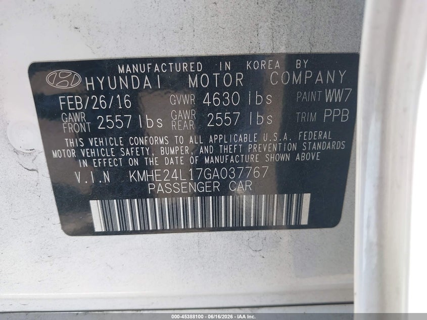 2016 Hyundai Sonata VIN KMHE24L17GA037767 IAAI salvage auction — FRONT END, Salvage Certificate (California), sold $800 on 2026-07-10 (photo 9)