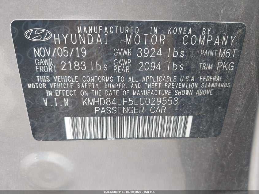2020 Hyundai Elantra VIN KMHD84LF5LU029553 IAAI salvage auction — FRONT END, Salvage (Texas), sold $2,000 on 2026-07-22 (photo 9)