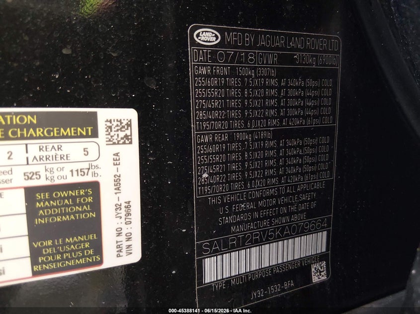 2019 Land rover Discovery VIN SALRT2RV5KA079664 IAAI salvage auction — FRONT END, Certificate Of Destruction (Florida), sold $2,000 on 2026-07-28 (photo 9)