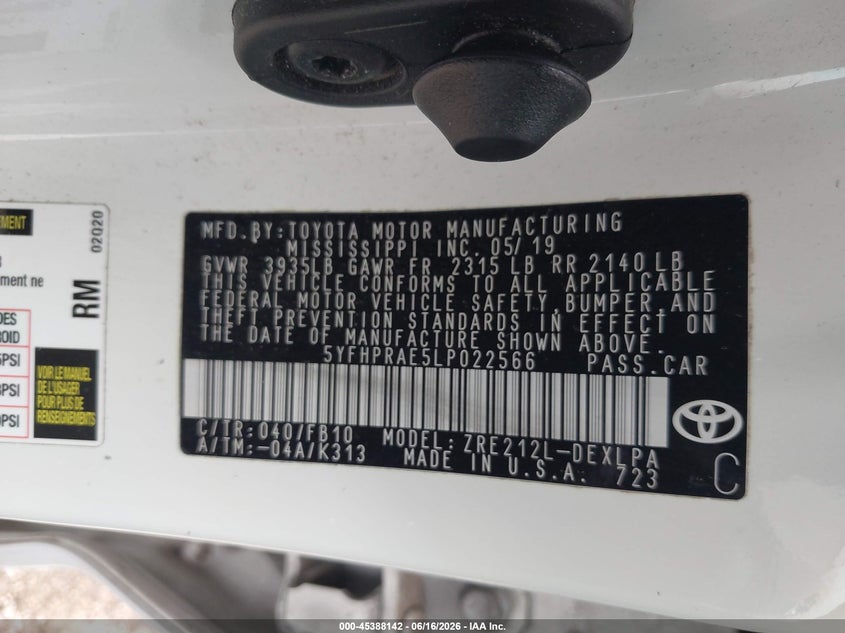 2020 Toyota Corolla VIN 5YFHPRAE5LP022566 IAAI salvage auction — REAR END, Original (Texas), sold $3,450 on 2026-07-29 (photo 9)