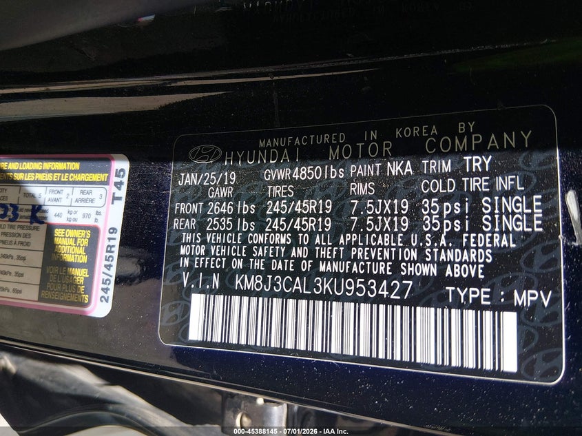 2019 Hyundai Tucson VIN KM8J3CAL3KU953427 IAAI salvage auction — FRONT END, Salvage (New Mexico), sold $3,650 on 2026-07-29 (photo 9)