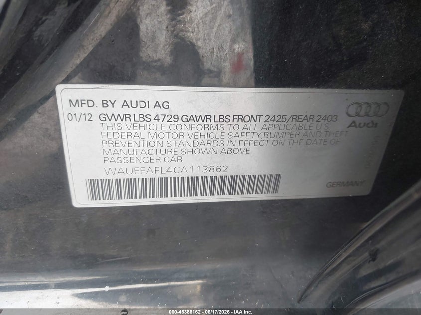 2012 Audi A4 VIN WAUEFAFL4CA113862 IAAI salvage auction — FRONT & REAR, Rebuildable (Florida), sold $200 on 2026-07-14 (photo 9)