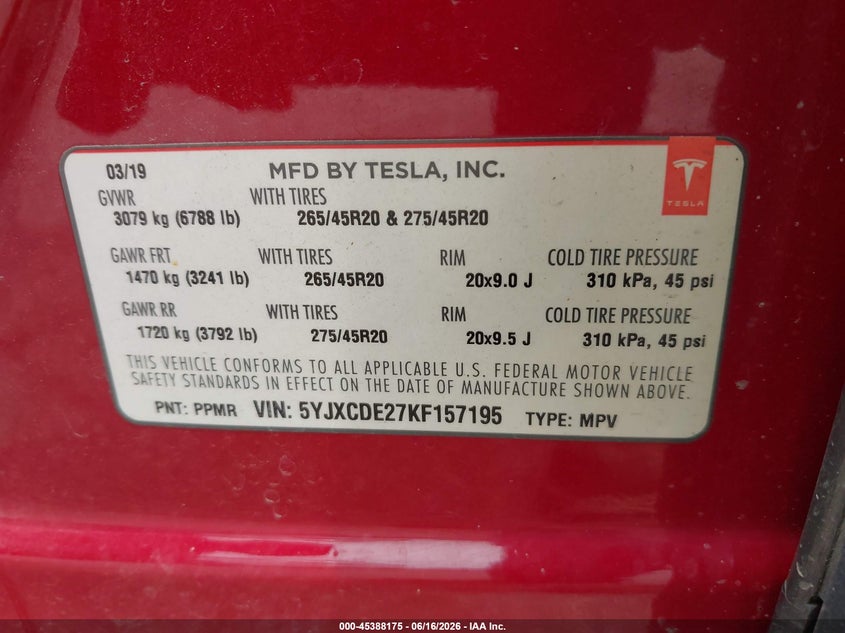 2019 Tesla Model x VIN 5YJXCDE27KF157195 IAAI salvage auction — REAR END, Clear (Michigan), sold $6,700 on 2026-07-09 (photo 9)
